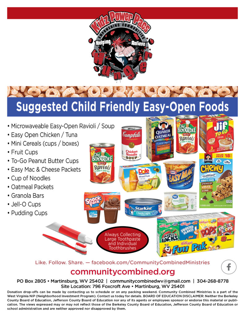 Suggested Child Friendly Easy Open Foods for Donation List: Select the link to the PDF download in the captions to download the printable PDF flyer. See the text in the post for full text-based information about this poster
