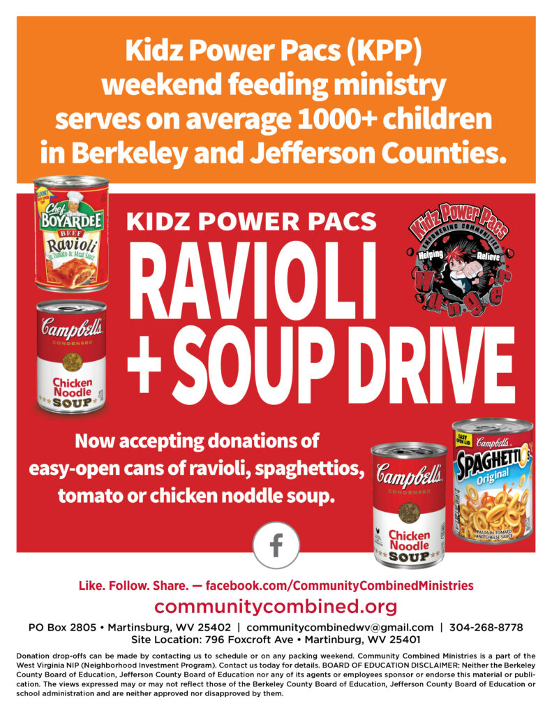 Kidz Power Pacs (KPP) Weekend Feeding Ministry Ravioli and Soup Drive, select the link in the caption to print PDF flyer. See the text in this post for full accessible text information about this poster image
