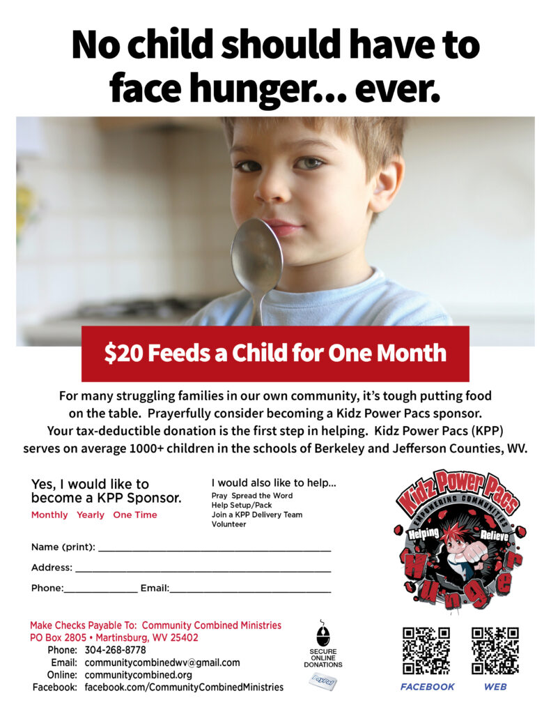 Kidz Power Pacs Sponsor Form, $20 feeds a child for one month, select the link in the caption to print the PDF flyer. See the text in the post for full text-based information about this poster