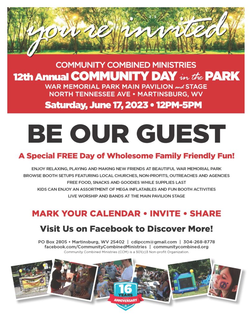 Community Day in the Park, invitation, June 17 from 12pm to 5pm War Memorial Park Main Pavilion and Stage, N. Tennessee Ave Martinsburg WV
